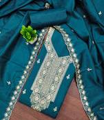Teal-blue embroidered cotton semi stitched churidar dress-materials