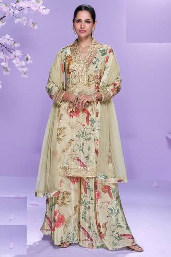 Pale yellow floral print full stitched palazzo suits