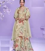 Pale yellow floral print full stitched palazzo suits