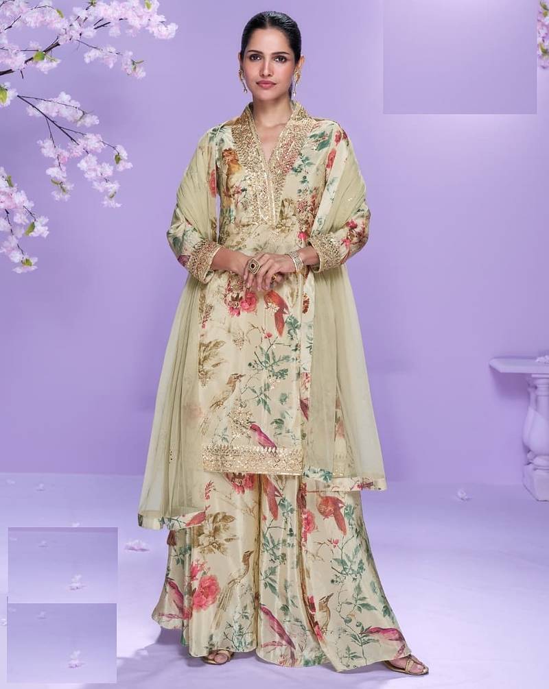 Pale yellow floral print full stitched palazzo suits