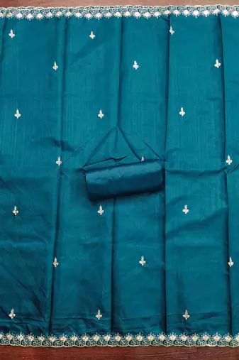 Teal-blue embroidered cotton churidar dress-materials