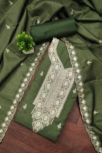 Green embroidered cotton semi stitched churidar dress-materials