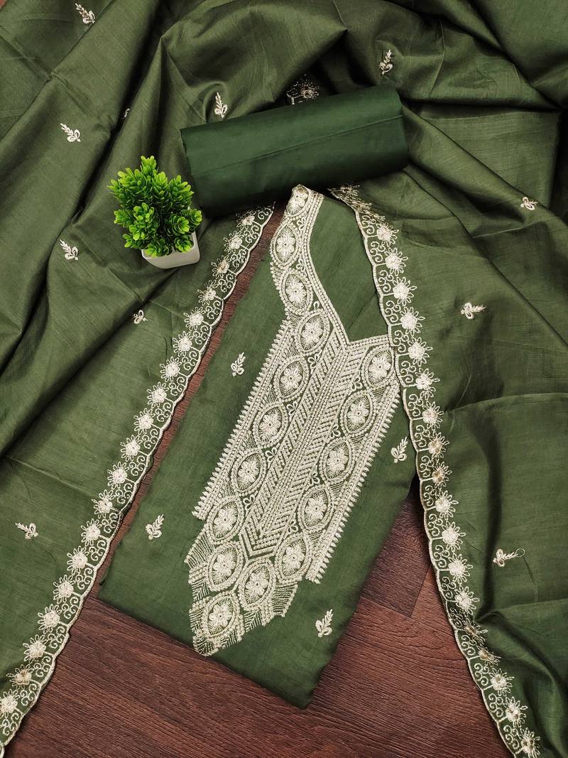 Green embroidered cotton semi stitched churidar dress-materials