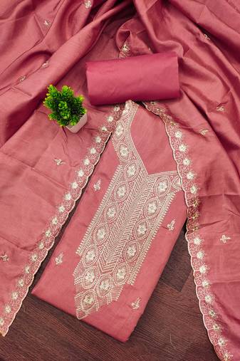 Pink embroidered cotton semi stitched churidar dress-materials