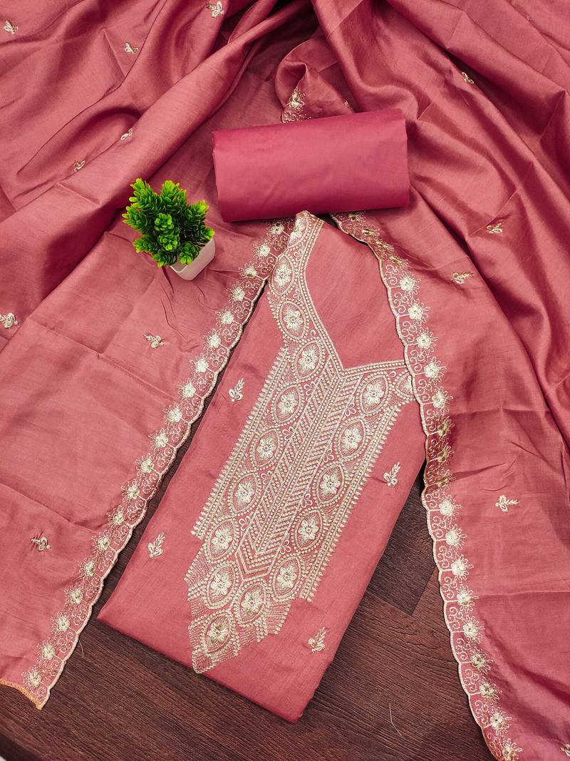 Pink embroidered cotton semi stitched churidar dress-materials