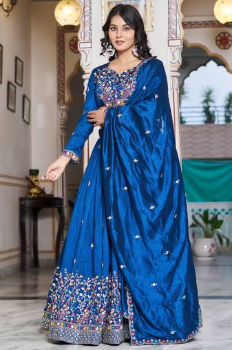blue thread embroidered silk festive lehenga set choli with dupatta