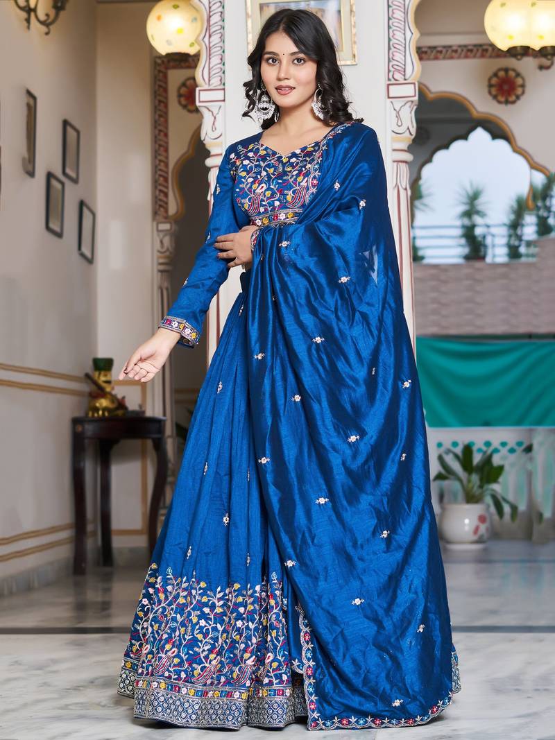 blue thread embroidered silk festive lehenga set choli with dupatta