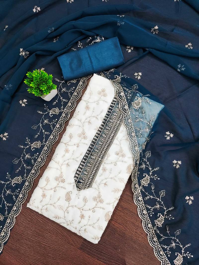 White embroidered georgette semi stitched churidar dress-materials
