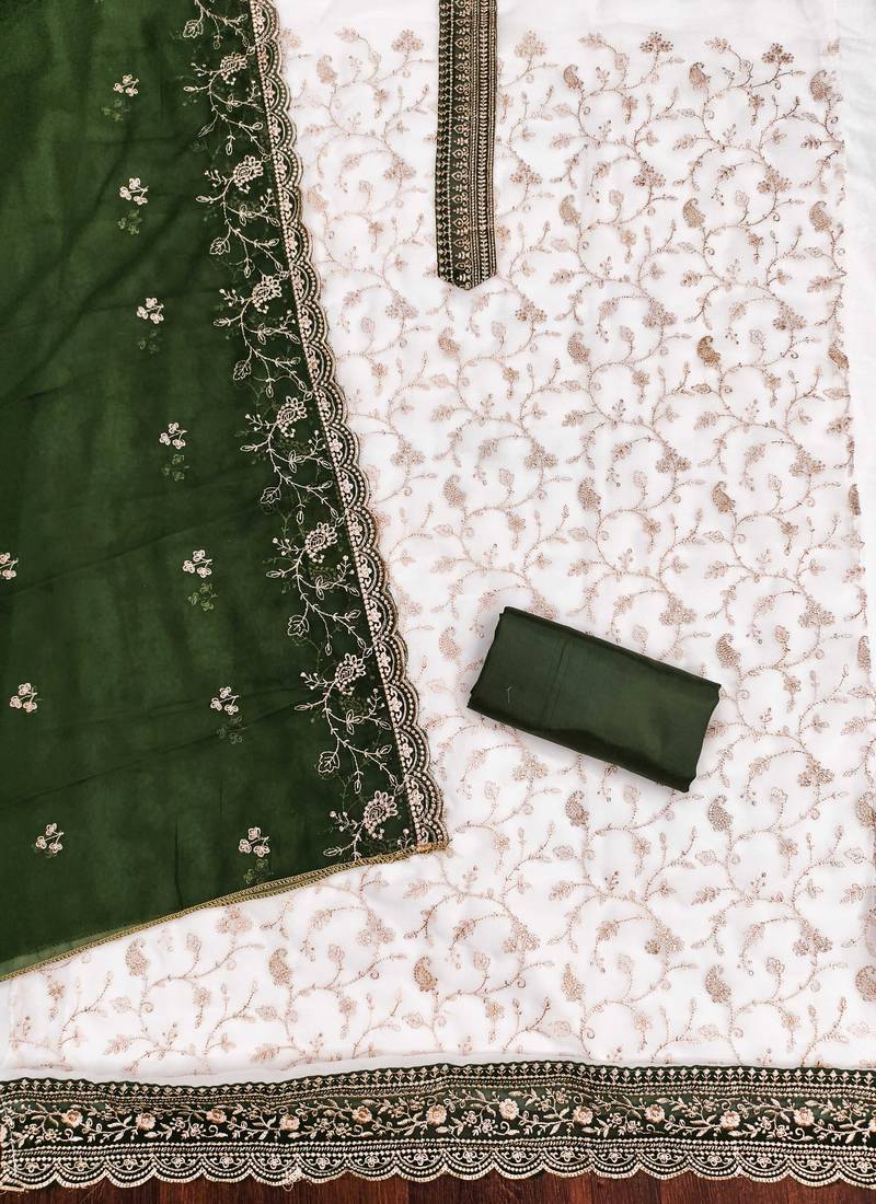 White embroidered georgette semi stitched churidar dress-materials