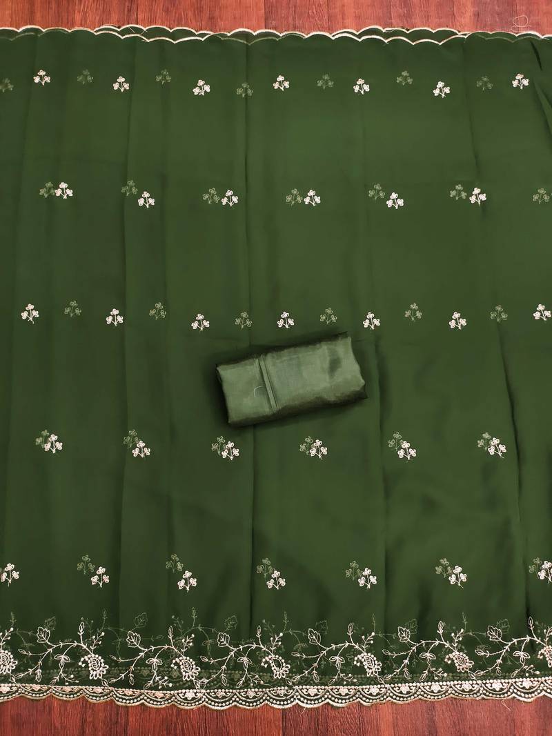 White embroidered georgette semi stitched churidar dress-materials