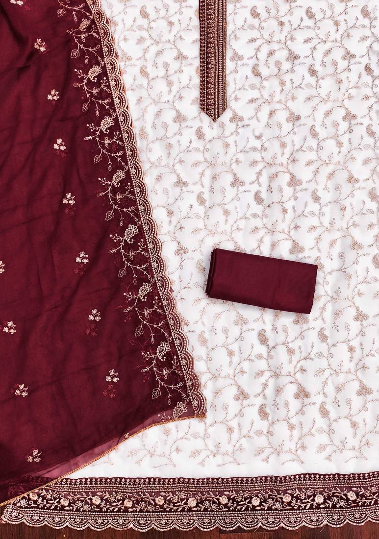 White embroidered georgette semi stitched churidar dress-materials