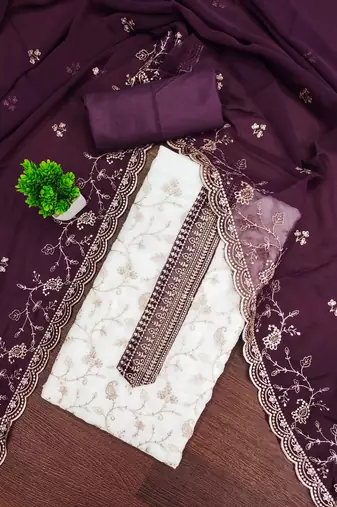 White embroidered georgette semi stitched churidar dress-materials