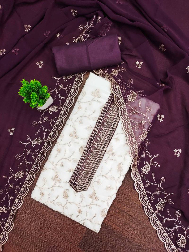 White embroidered georgette semi stitched churidar dress-materials