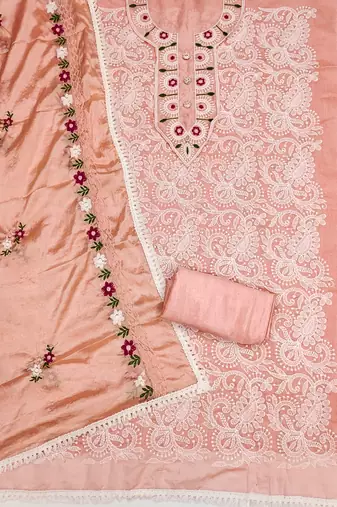 Peach embroidered cotton churidar dress-materials