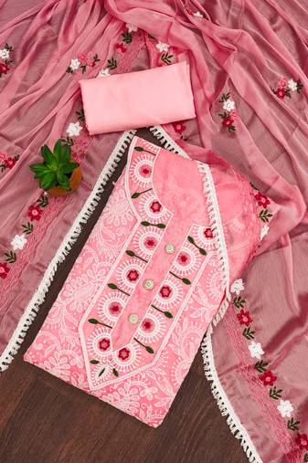 Pink embroidered cotton semi stitched churidar dress-materials