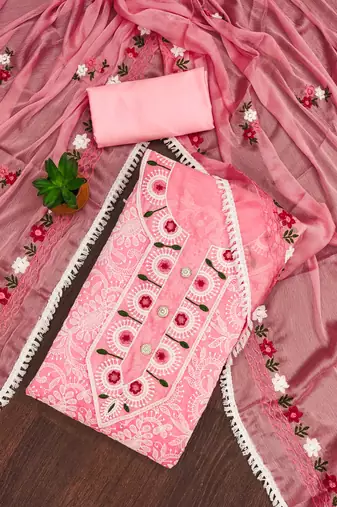Pink embroidered cotton semi stitched churidar dress-materials
