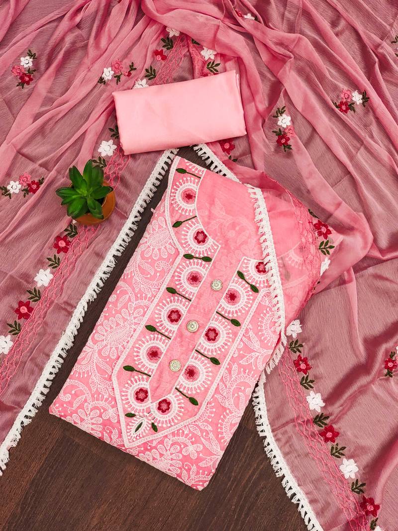 Pink embroidered cotton semi stitched churidar dress-materials