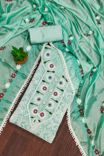 Sea-green embroidered cotton semi stitched churidar dress-materials