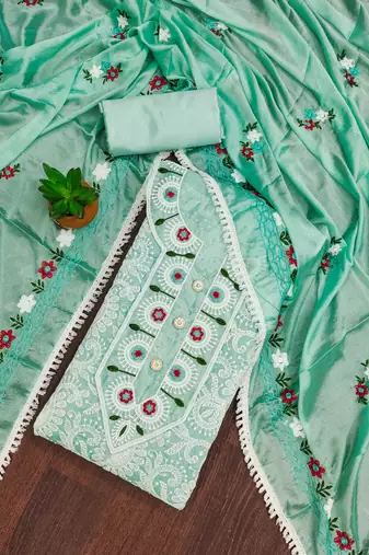 Sea-green embroidered cotton semi stitched churidar dress-materials