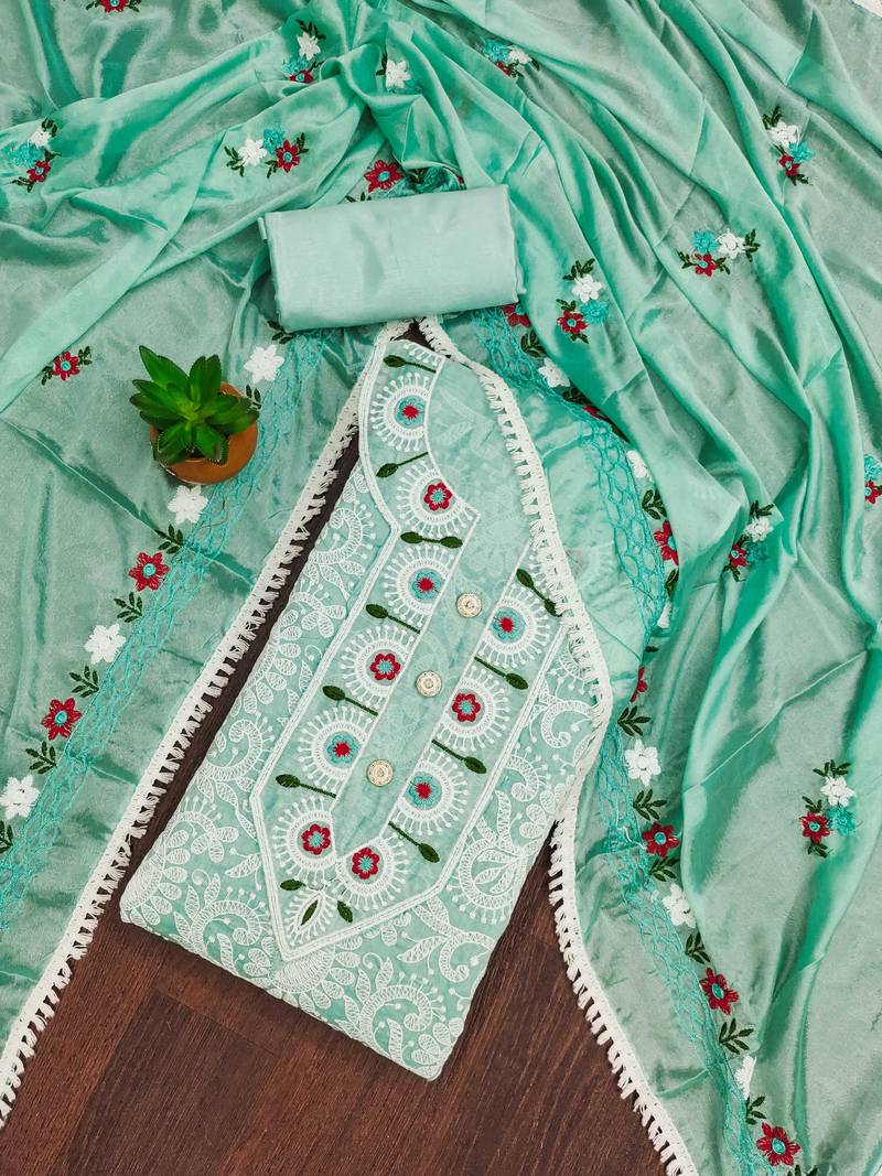 Sea-green embroidered cotton semi stitched churidar dress-materials