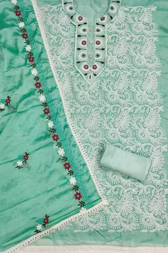 Sea-green embroidered cotton churidar dress-materials