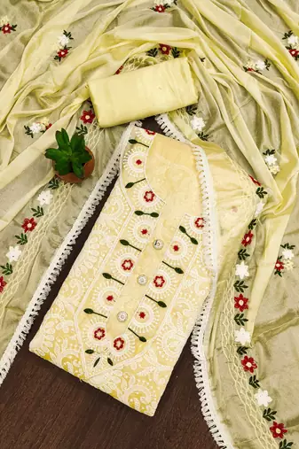Yellow embroidered cotton semi stitched churidar dress-materials