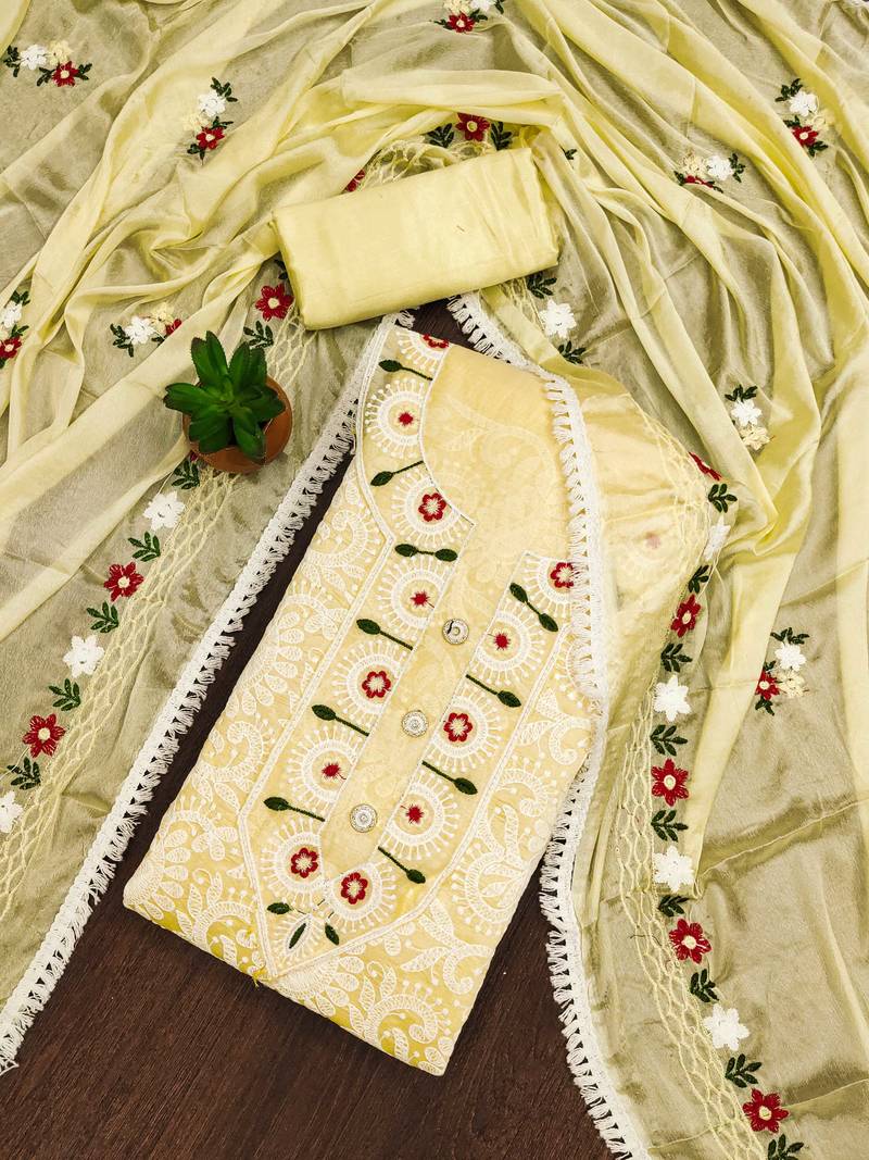 Yellow embroidered cotton semi stitched churidar dress-materials