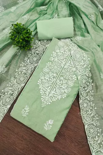Light-green embroidered cotton semi stitched churidar dress-materials