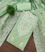 Light-green embroidered cotton semi stitched churidar dress-materials