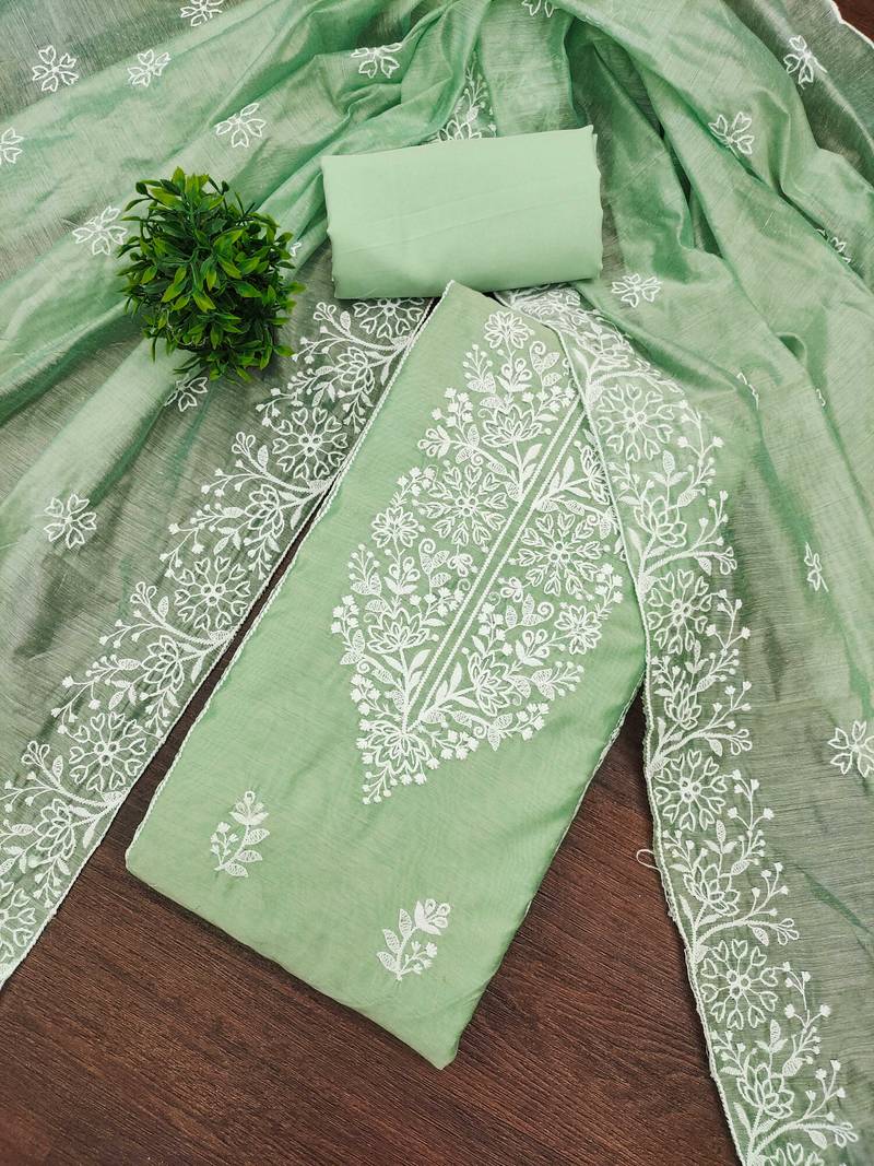 Light-green embroidered cotton semi stitched churidar dress-materials