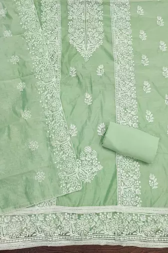 Light-green embroidered cotton churidar dress-materials