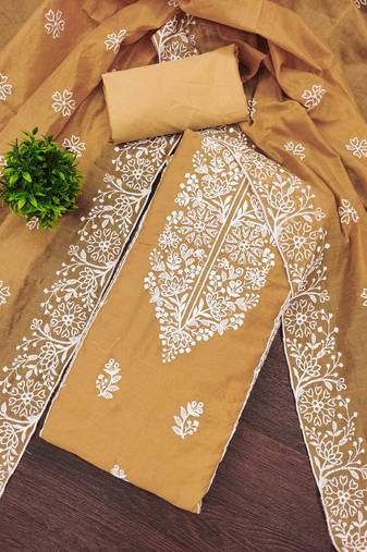 Yellow embroidered cotton semi stitched churidar dress-materials