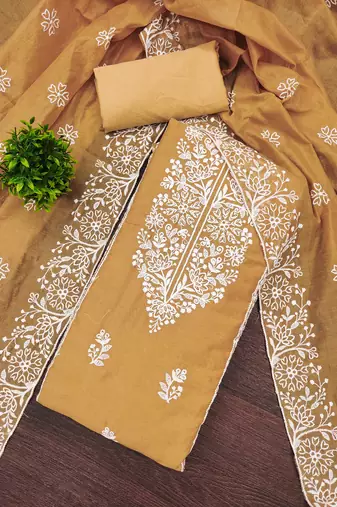 Yellow embroidered cotton semi stitched churidar dress-materials