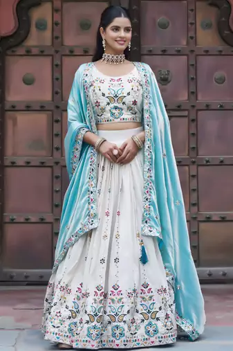 mesmerising off white sequnis silk lehenga set choli with dupatta with blue dupatta