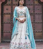 mesmerising off white sequnis silk lehenga set choli with dupatta with blue dupatta