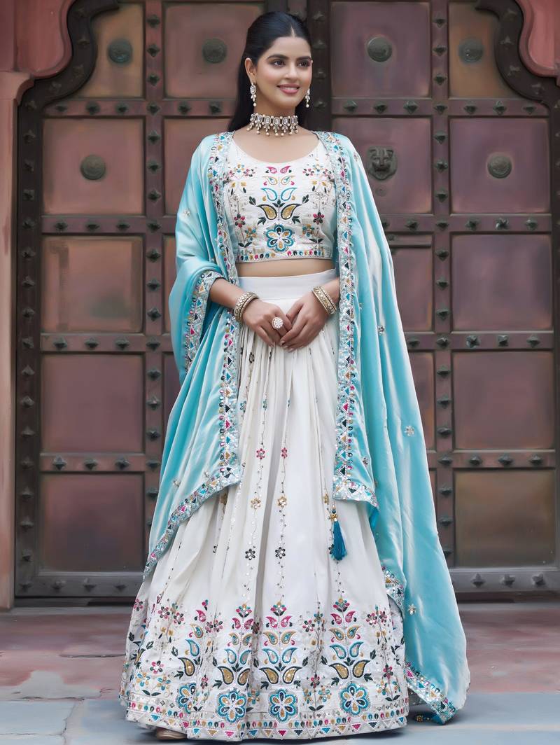 mesmerising off white sequnis silk lehenga set choli with dupatta with blue dupatta
