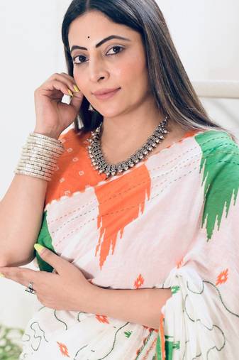 White Color Printed Multi Thread Embroidery Work Cotton Saree