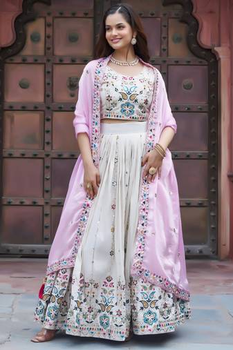 white embroidered silk lehenga set choli with dupatta with pink dupatta