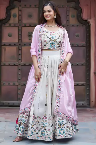 white embroidered silk lehenga set choli with dupatta with pink dupatta