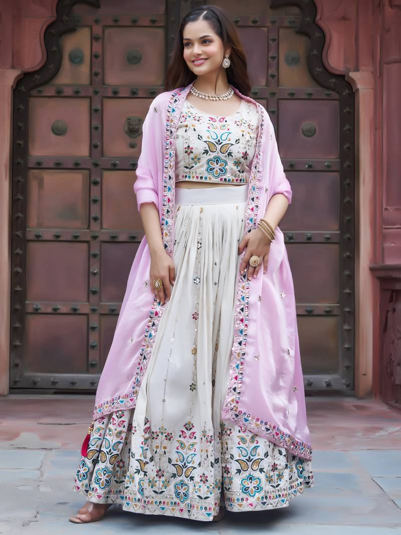white embroidered silk lehenga set choli with dupatta with pink dupatta