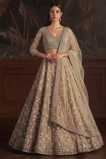 golden sequins embroidered net lehenga set choli with dupatta