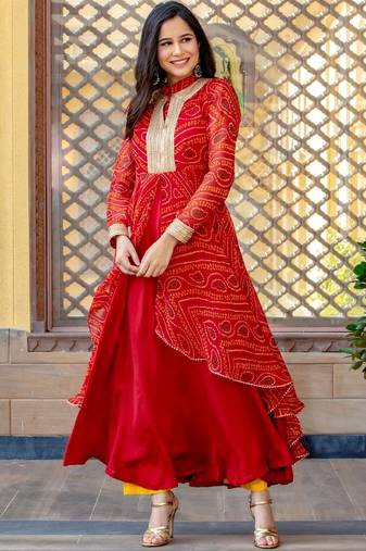 Red chiffon bhandini printed lace work anarkali  & pant set