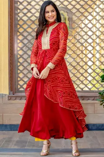 Red chiffon bhandini printed lace work anarkali  & pant set