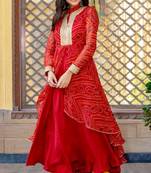 Red chiffon bhandini printed lace work anarkali  & pant set