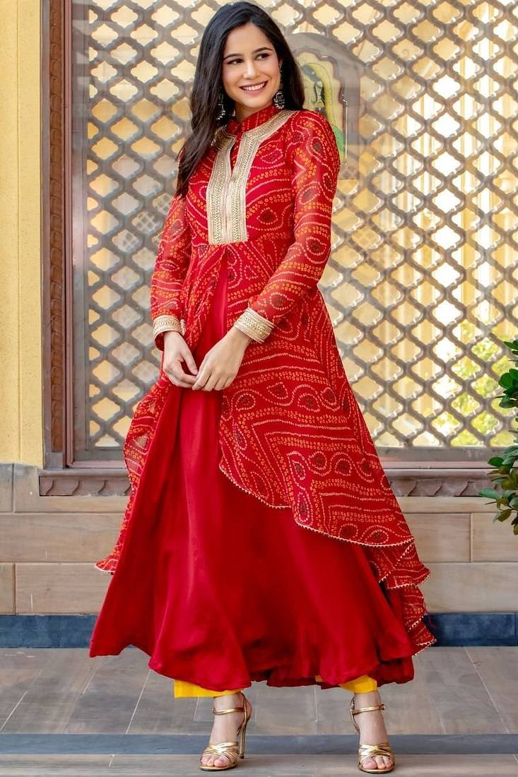 Red chiffon bhandini printed lace work anarkali  & pant set