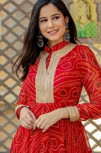 Red chiffon bhandini printed lace work anarkali & pant set