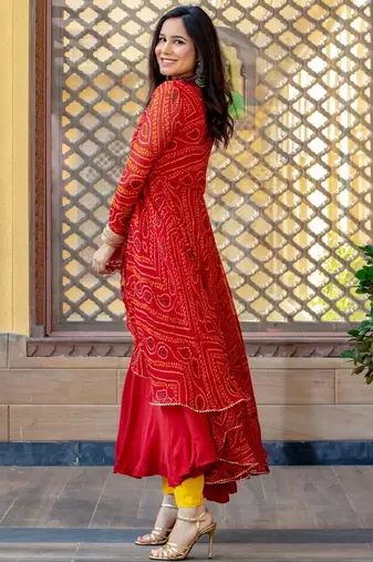 Red chiffon bhandini printed lace work anarkali & pant set