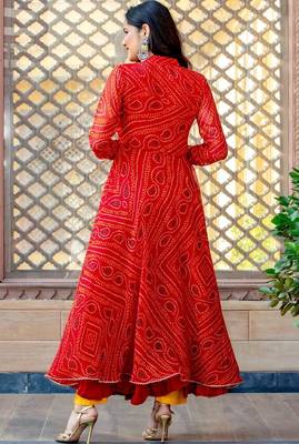 Red chiffon bhandini printed lace work anarkali & pant set 4