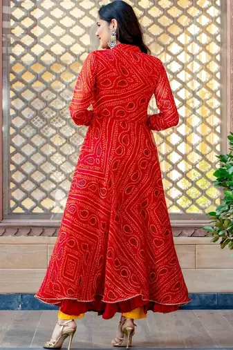 Red chiffon bhandini printed lace work anarkali & pant set