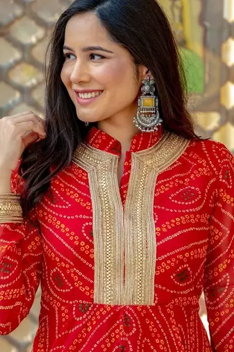 Red chiffon bhandini printed lace work anarkali & pant set